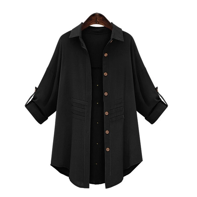 

Women Spring Autumn Long Sleeves Turndown Collar Coat Solid Color Single-breasted Thin Windbreaker Mid-length Casual Loose Overc