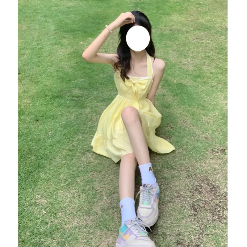 

ZOGAA Women Dresses Summer 2021 Yellow Bow Halter Suspender Skirt Girl Dress Thin Section Girl Waist Sweet French Skirt Female