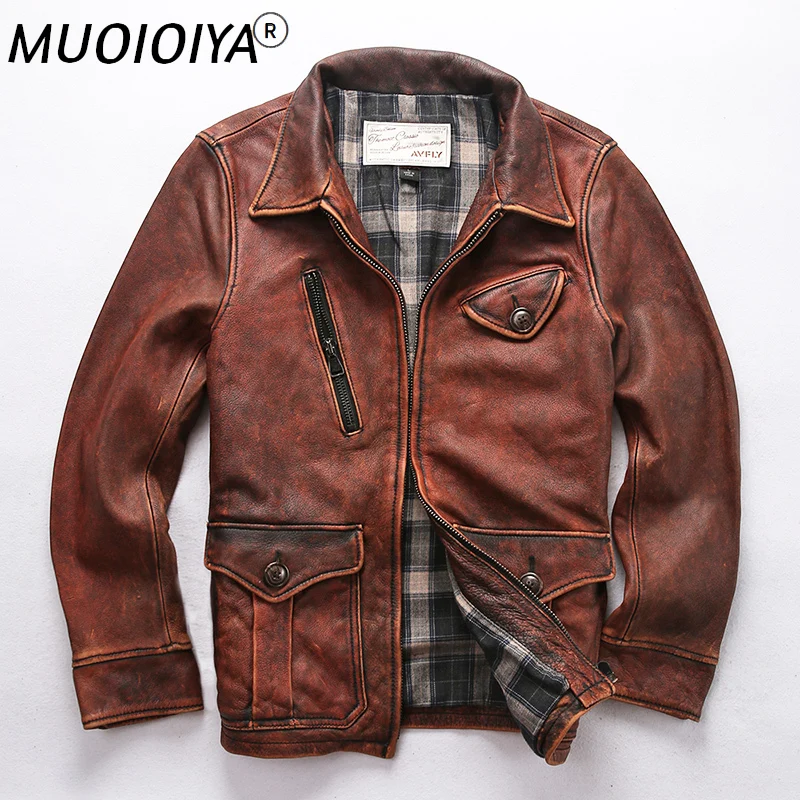 

Мужская винтажная байкерская куртка AVFLY, коричневая куртка из натуральной воловьей кожи, приталенный силуэт, зимняя байкерская куртка, 2021