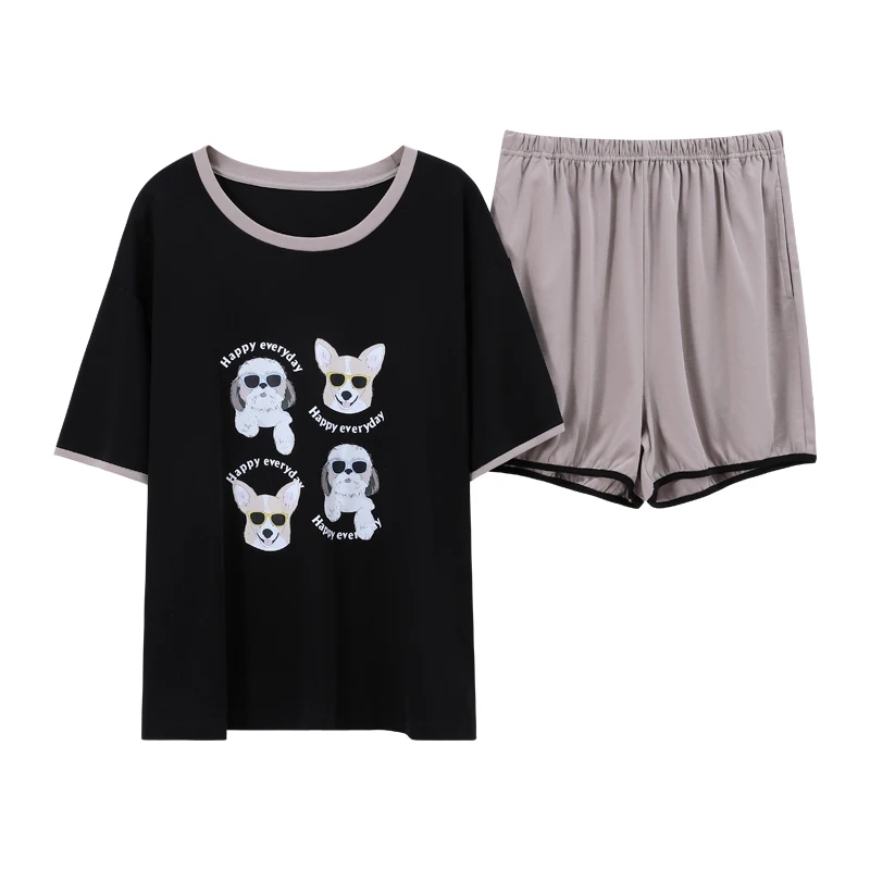 

Black Cotton Dogs Printing Short-Sleeve OverSize Sleepwear Can Go Out Women Nightwear Suit Spring Summer Hedging Ladies Pajamas