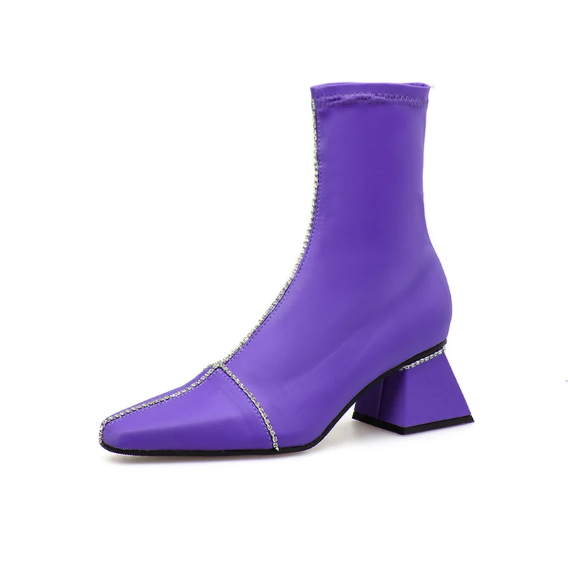 2019 г. женские фиолетовые ботинки ботильоны из сатина Шелковый носок сапоги на