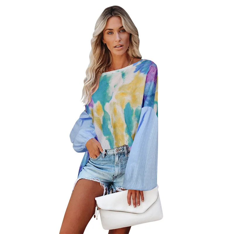 

Женский окрашенный свитер с галстуком, пуловер с длинными рукавами и вырезом лодочкой, кардиган, мешковатые подходящие цветные рукава, элас...