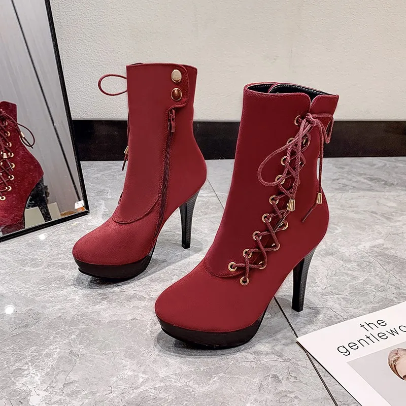 

2021 Waterproof Martin Boots Women's New High Heel Lace-up Short Boots