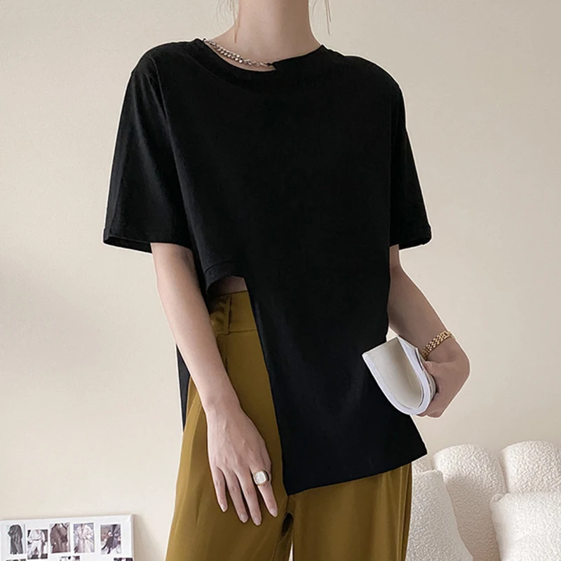 

TWOTWINSTYLE Slide Slip T Shirts For Female O Neck Short Sleeve High Waist Solid Color Women's Casual T Shirt Fashion New 2021