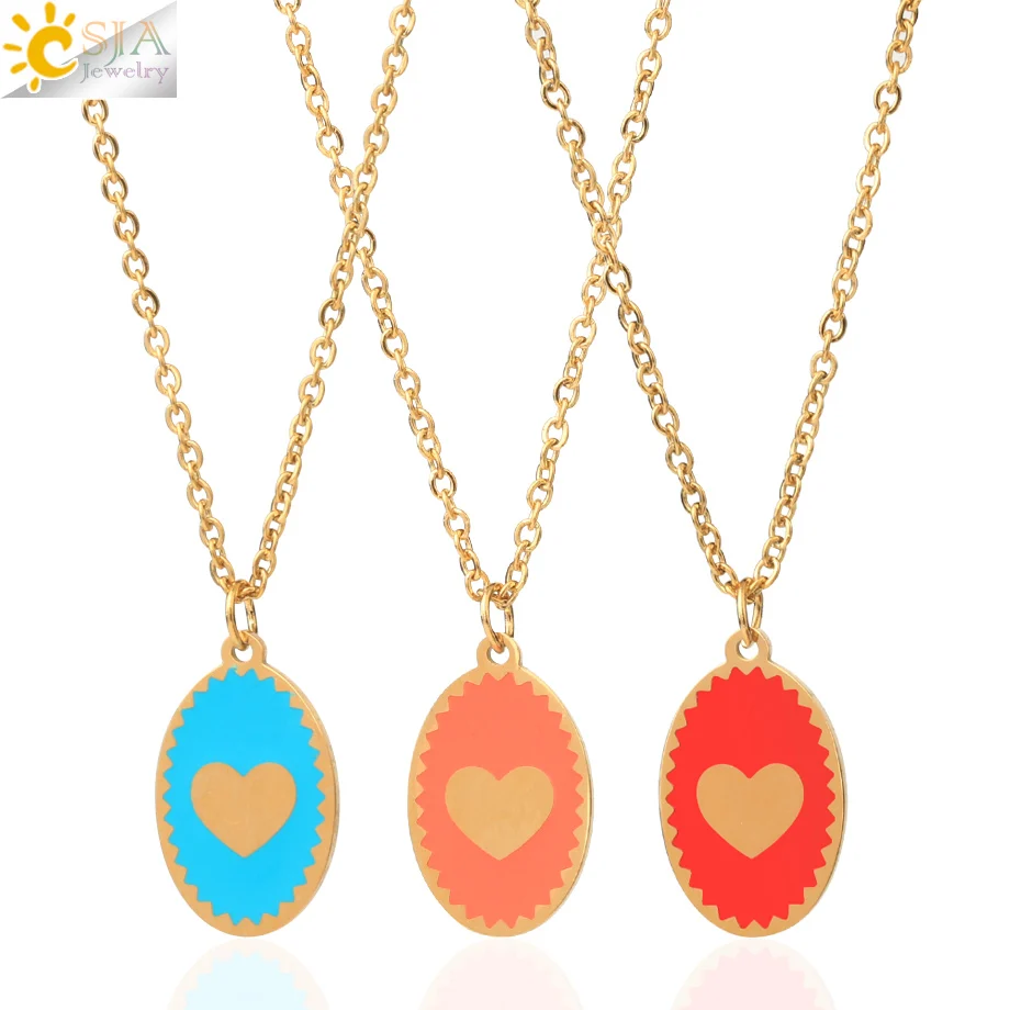 

CSJA 2022 Stainless Steel Necklaces for Women Delicate Gold Color Chain Necklace Enamel Oval Heart Charms Pendant Collier S759