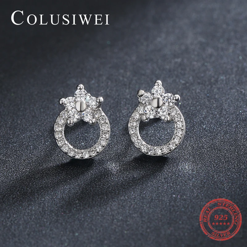 

COLUSIWEI Shining Prong Zirconia Flower Stud Earring for Women Fashion 925 Sterling Silver Pave CZ Hollow Circle Ear Pin Jewelry