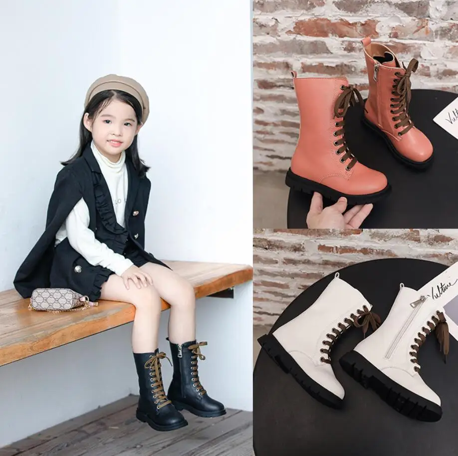 Детские кожаные ботинки на плоской подошве Осень зима 2020 брендовые мартинсы до