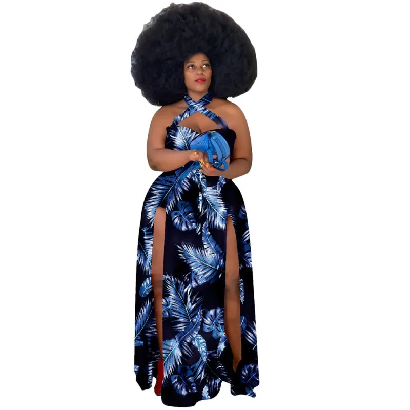 

С Лямкой на шее в африканском стиле повседневное пляжное платье длины макси 5XL размера плюс без рукавов высокое Разделение халаты новые мод...