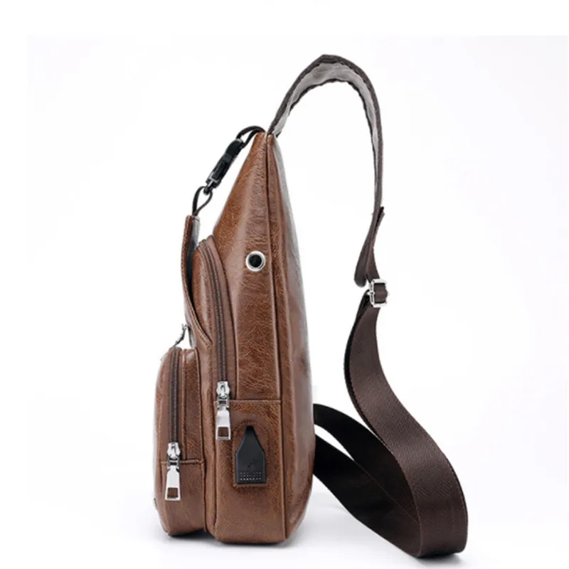 Мужской нагрудный рюкзак из ПУ кожи с USB-зарядкой