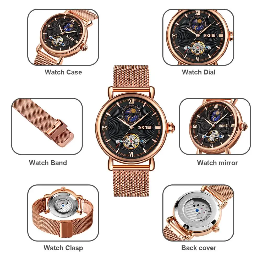 

SKMEI Brand Men's Watches Automatic Mechanical Business Stainless Steel Mesh Strap Moon Phase Self Wind Man Automatic Wristwatch