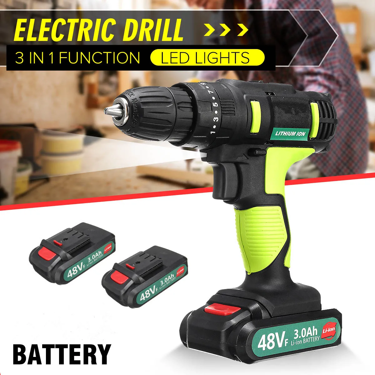 

48V Electric Tools Impact Drill Impact Electric Screwdriver Impact Cordless Drill Electric Drill Battery Screwdriver 25+1 Torque