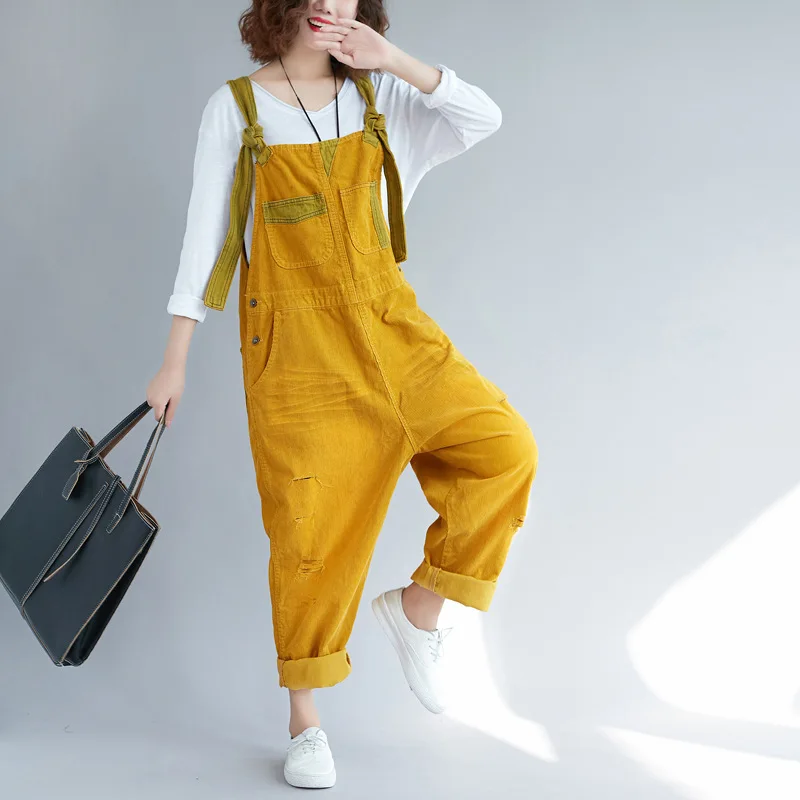 

Helisopus New Women Baggy Jumpsuits Large Size Corduroy Crotch Overalls Trousers Ripped Casual Pants Rompers with Pocket