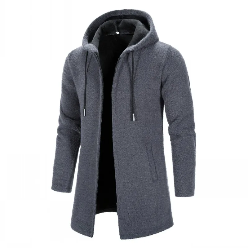 

YASUGUOJI Hooded Long Style Sweater Trench Coat Men 2021 Streetwear Zipper Winter Fleece Windbreaker Men Knitted Jacket Men