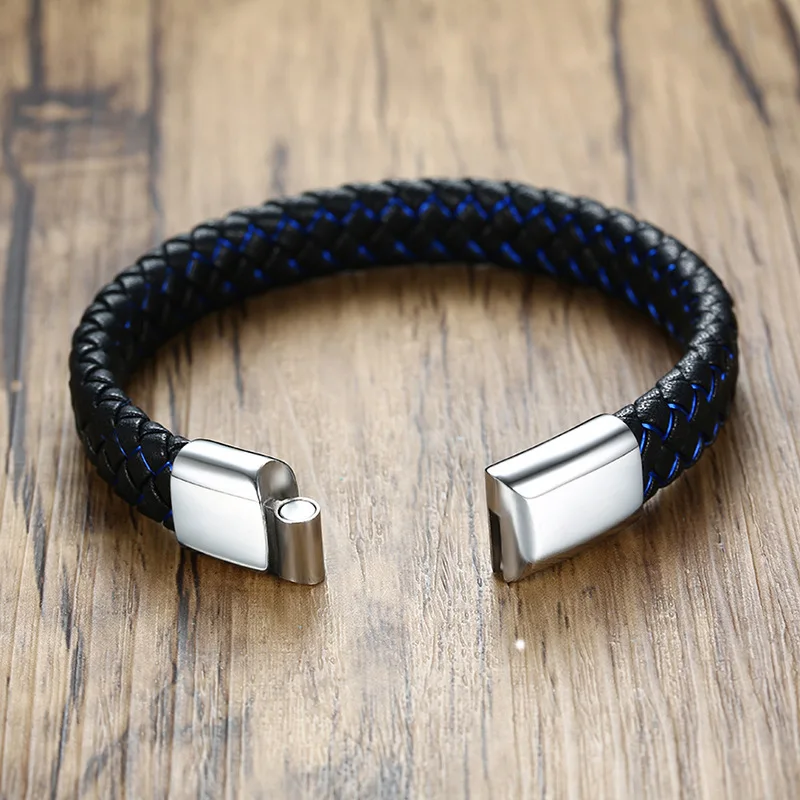 

Blue Braided Leather Medical Alert Bracelet for Men Magnetic Clasp Cuff Wristband Bangle Customized Personalized Jewelry