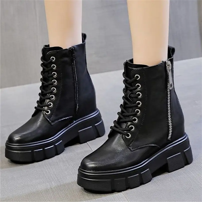 

Military Riding Combat Women Cow Leather Platform Wedge Ankle Boots Punk Goth High Heel Oxfords Punk Creeper Shoes 34 -39