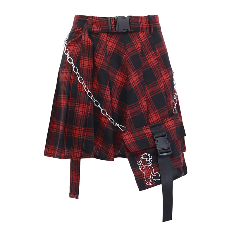 Harajuku Plaid Skirt Women Japanese Jk High Waist with Chain Pocket Mini Summer Streetwear Goth Punk Red Pleated Skirts | Женская одежда