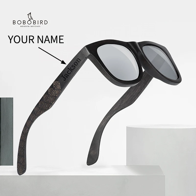Деревянные солнцезащитные очки BOBO BIRD с гравировкой имени серые поляризованные