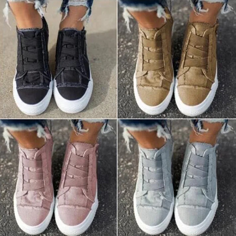 

Women's Sneakers Flat Platform Women Canvas Shoes Elastic Band Comfortable Casual Female Vulcanized Zipper Ladies