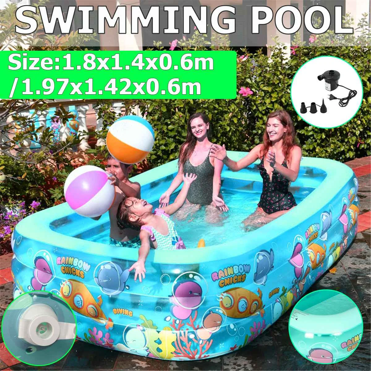 

197CM 3-Layer Inflatable Swimming Pool Water Bathing Tub Electric Air Pump Wear-resistant Thickened Pools Children's Pools Gift