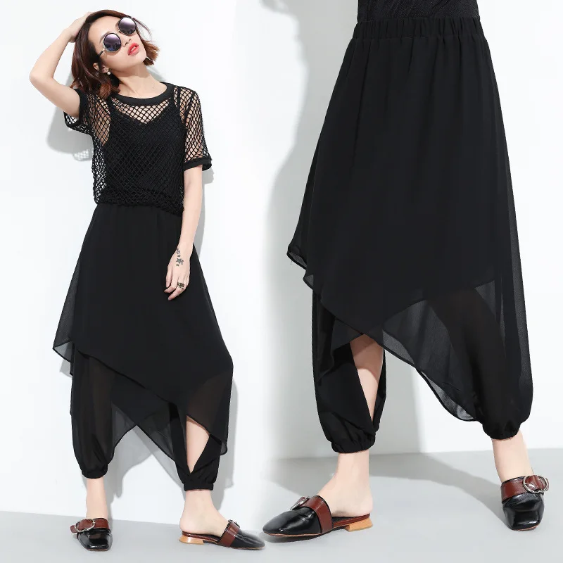 

Шифоновые юбки-брюки для женщин, Новинка лета 2020, свободная юбка-брюки из двух частей неправильной формы, большие брюки, сетчатые брюки для ж...