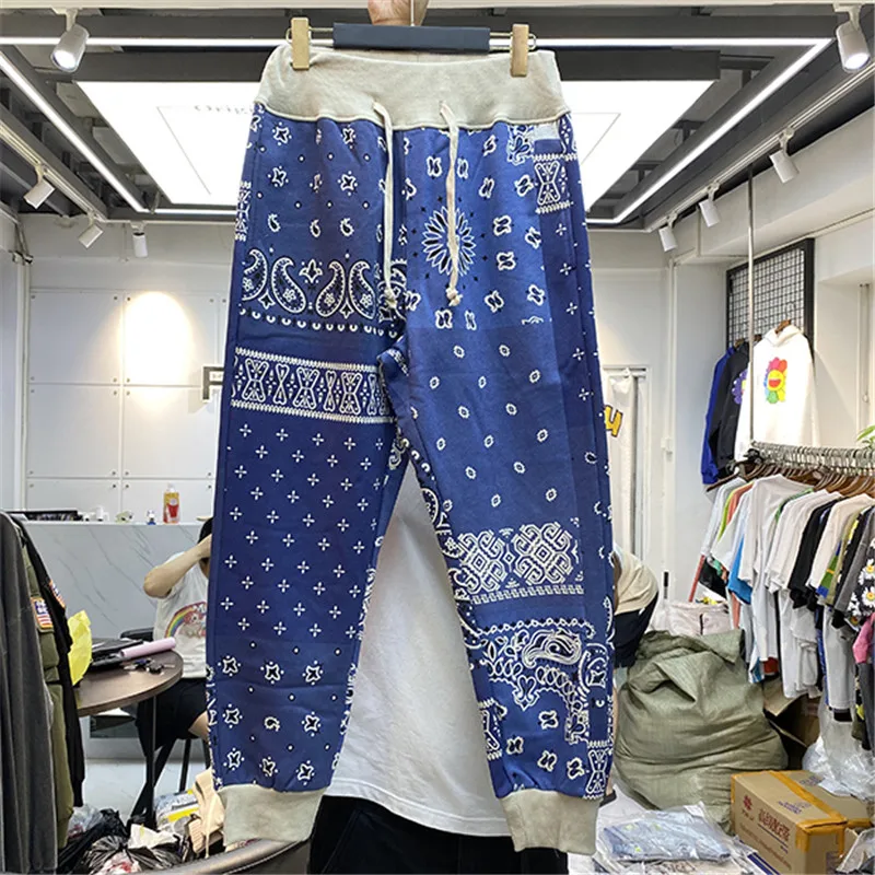 

Full Cashew Print Sweatpants Contrast Patchwork Trousers Men Women Streetwear Wash Do Old Fleece Kapital Pencil Pan