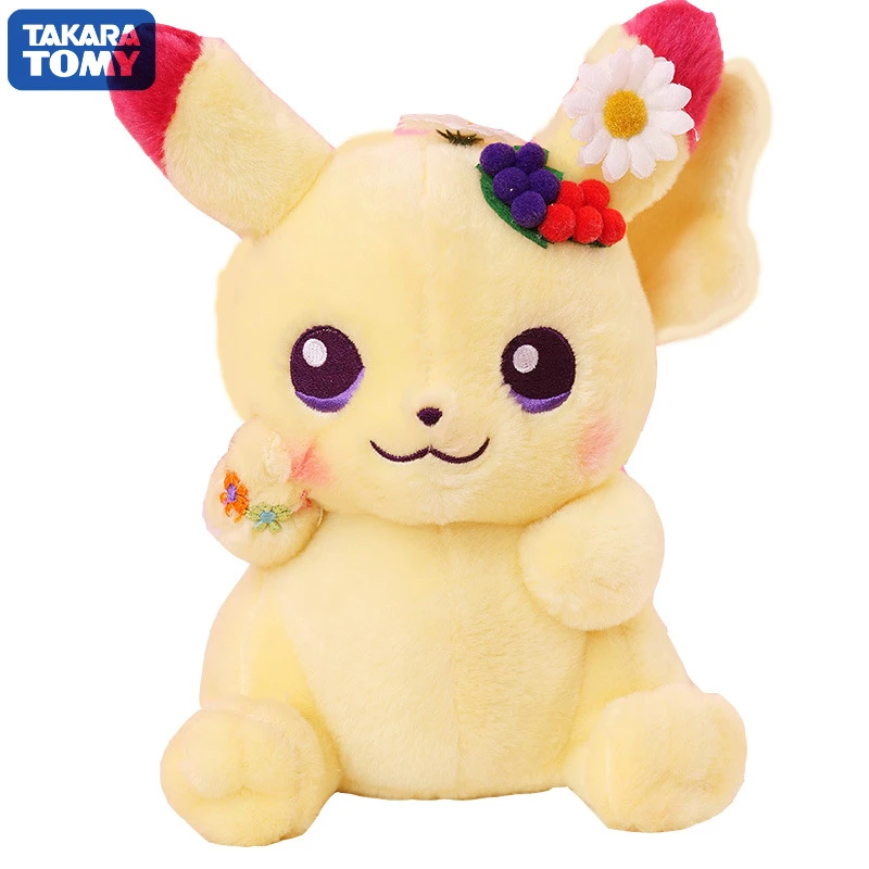 

TOMY Pokemon Pikachu Plush Plush Kawaii Cute Anime 25cm Plush Pikachu Flower Christmas Birthday Gift for Baby Girl