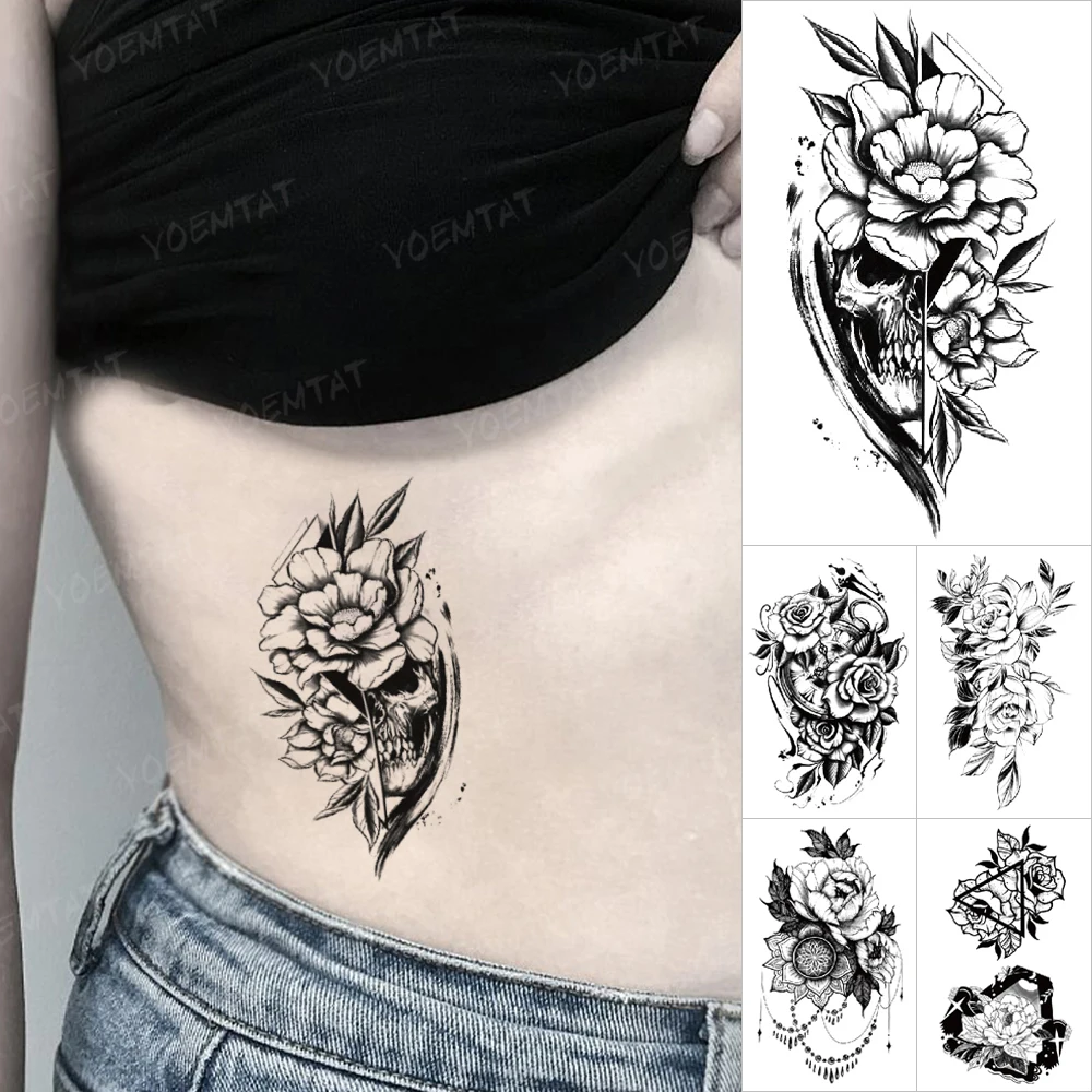 

Transfer Waterproof Temporary Tattoo Stickers Rose Flower Peony Lotus Mandala Skull Henna Flash Tatoo Men Women Body Art Tattoos