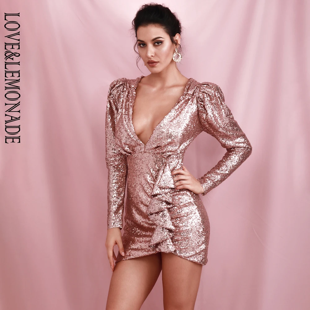 Женское вечернее мини-платье LOVE &amp LEMONADE розовое золото платье с глубоким