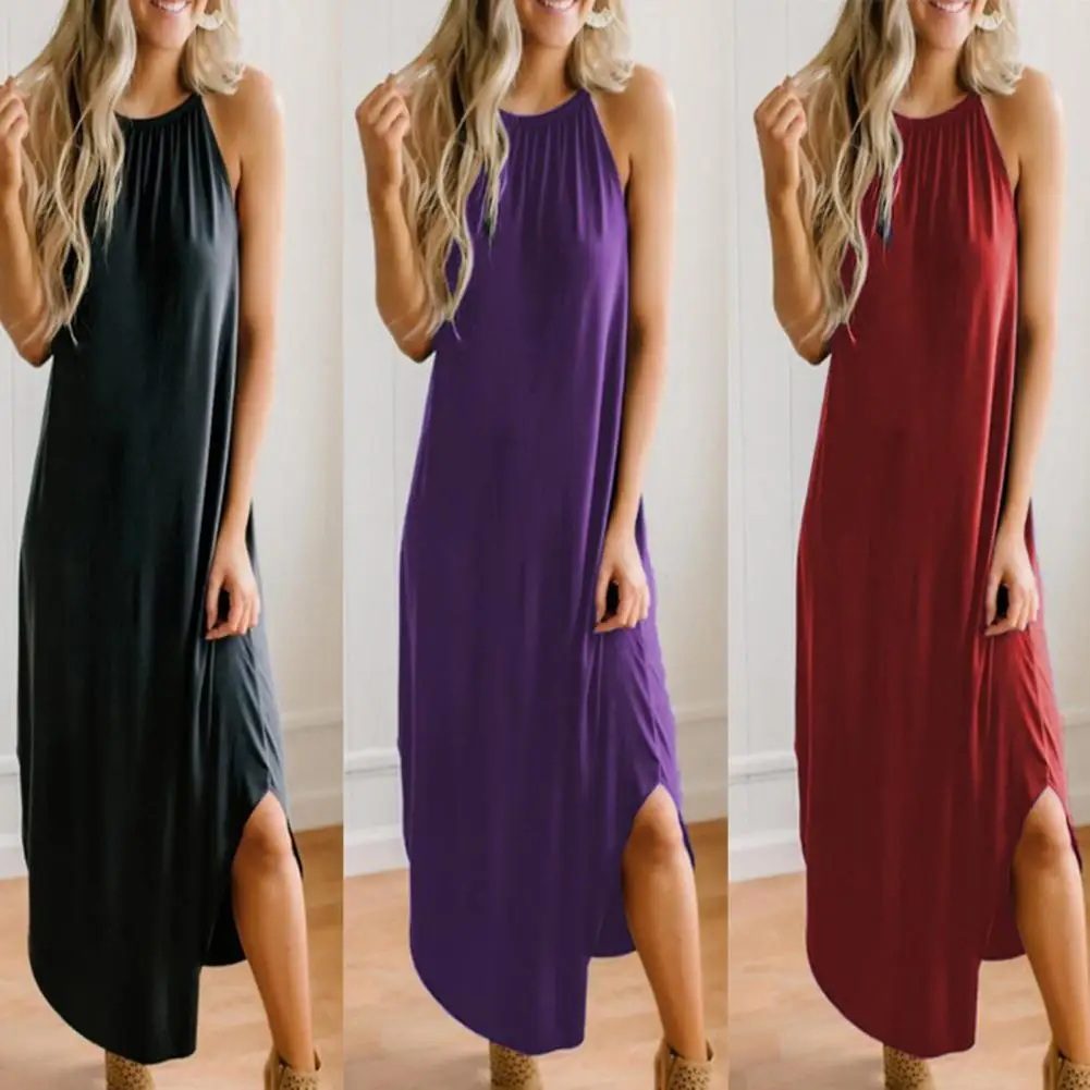 

Fashion Solid Basic Graphic Sling Dresses Women Sleeveless Sling Halter Streetwear 2021 Summer Harajuku Loose long Dress Female