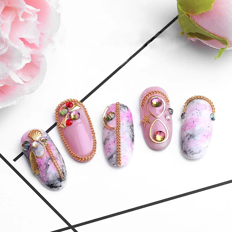 6 сеток/Упаковка Украшения из сплава Маникюр DIY для дизайна ногтей смешивание цветов всех различных форм цепи кольцо Пряжка металлические 3D Шпильки