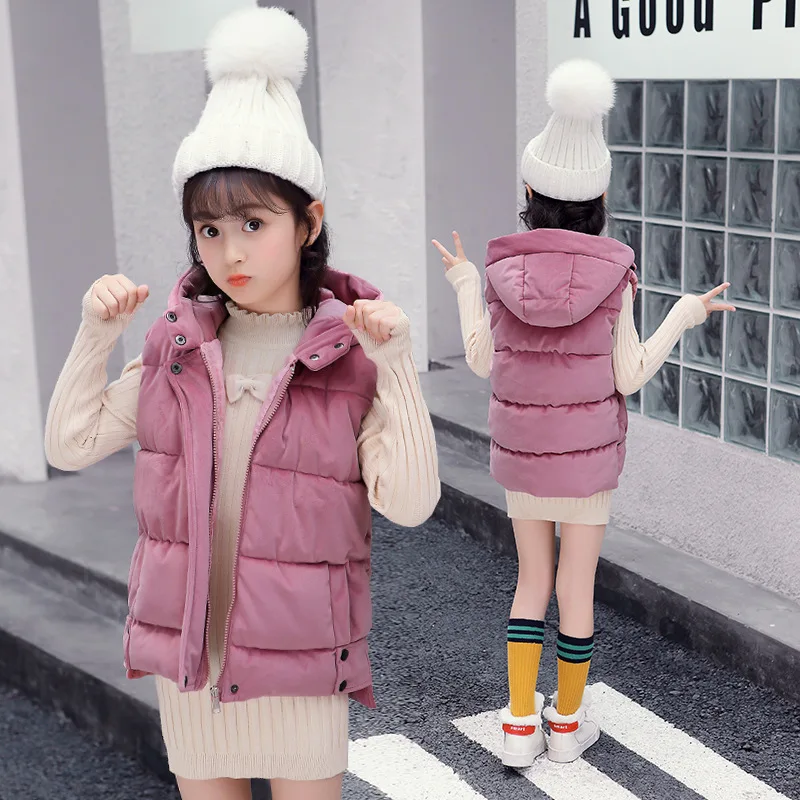 Длинный бархатный жилет для девочек 3 - 12 лет простые топы без рукавов с капюшоном