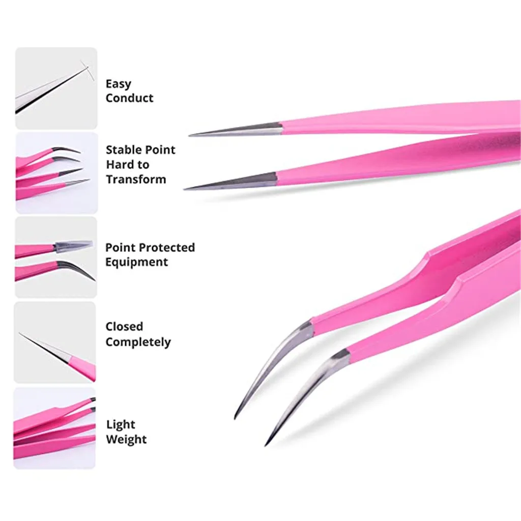 Набор из 2 пинцетов нержавеющей стали для наращивания ресниц прямые и изогнутые