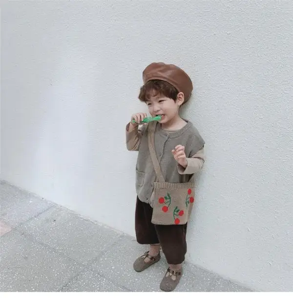 Knitting Woolen Baby Girls Shoulder Bag Winter Vintage Boy Kids Coin Purse Crossbody Bags Cute Cherry Children Small Handbags