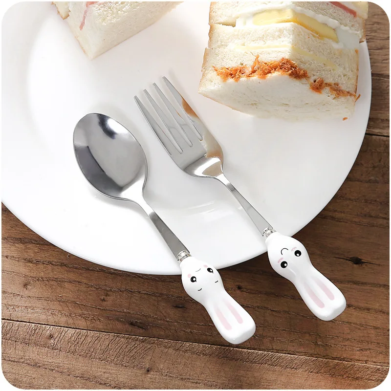 Набор столовых приборов Cartoon Stainless Steel Spoon Fork Cutlery Set Cute Children Tableware Rabbit Carrot Sets