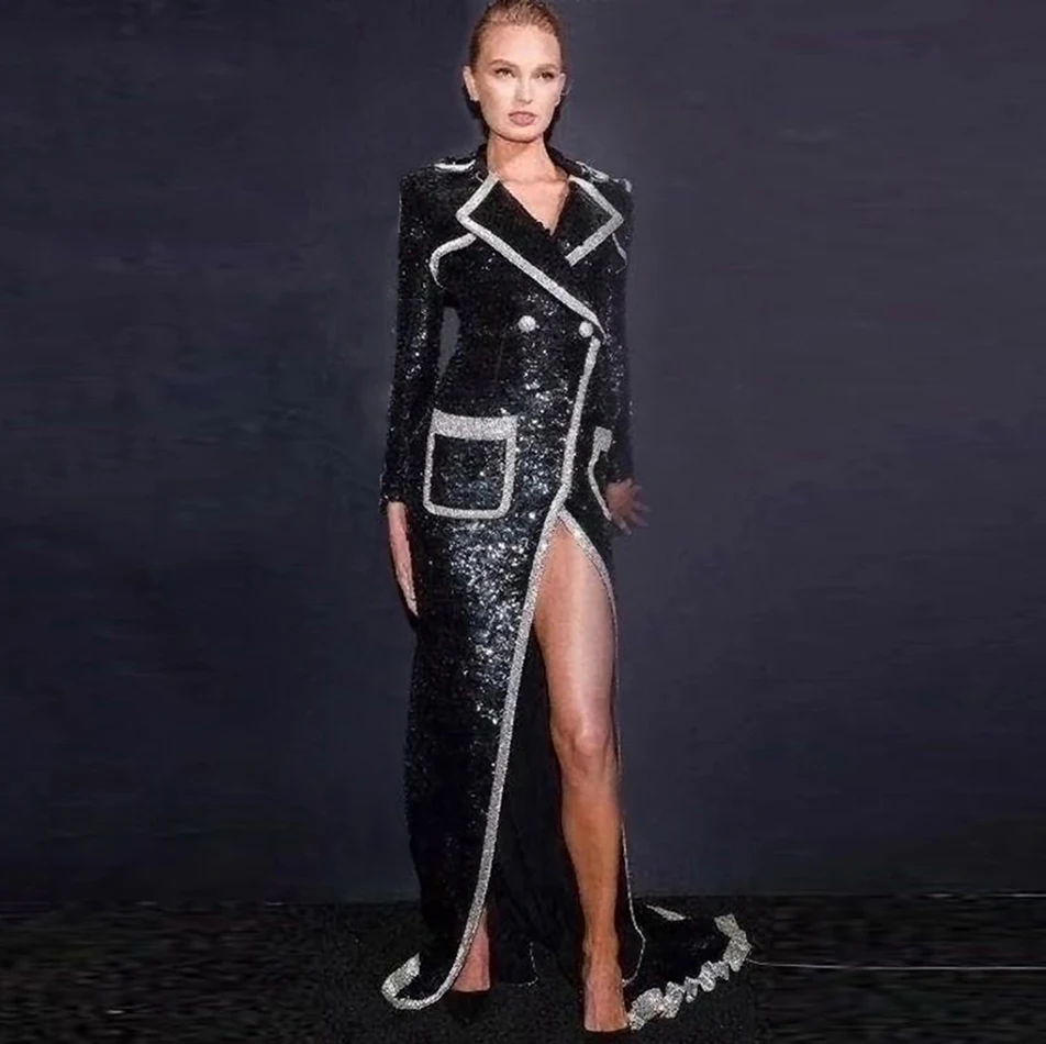 Модное летнее Женское пальто черное с блестками V глубокий длинный рукав