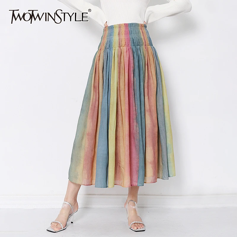 

TWOTWINSTYLE Elegant Striped Colorful Skirt For Women High Waist Ruched Casual Skirts Female Fashion New Clothing 2022 Spring
