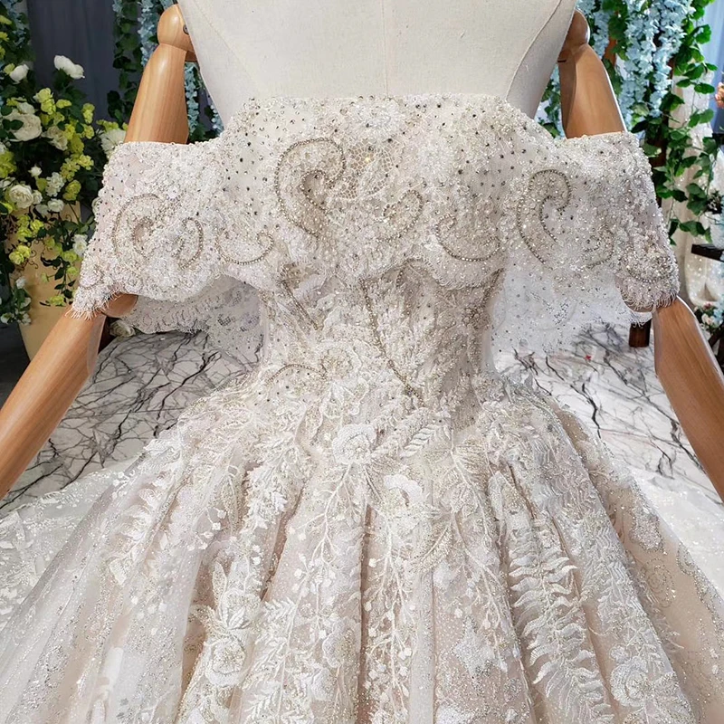 

HTL821 off-the-shoulder wedding dress with tail heavy handmade bead lace wedding gowns new fashion vestido de novia bohemio
