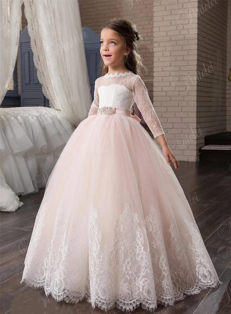 

A-Line Flower Girl Dress Puffy Tulle Lace Ribbon Long Sleeves Princess First Communion Dress Pageant Gown