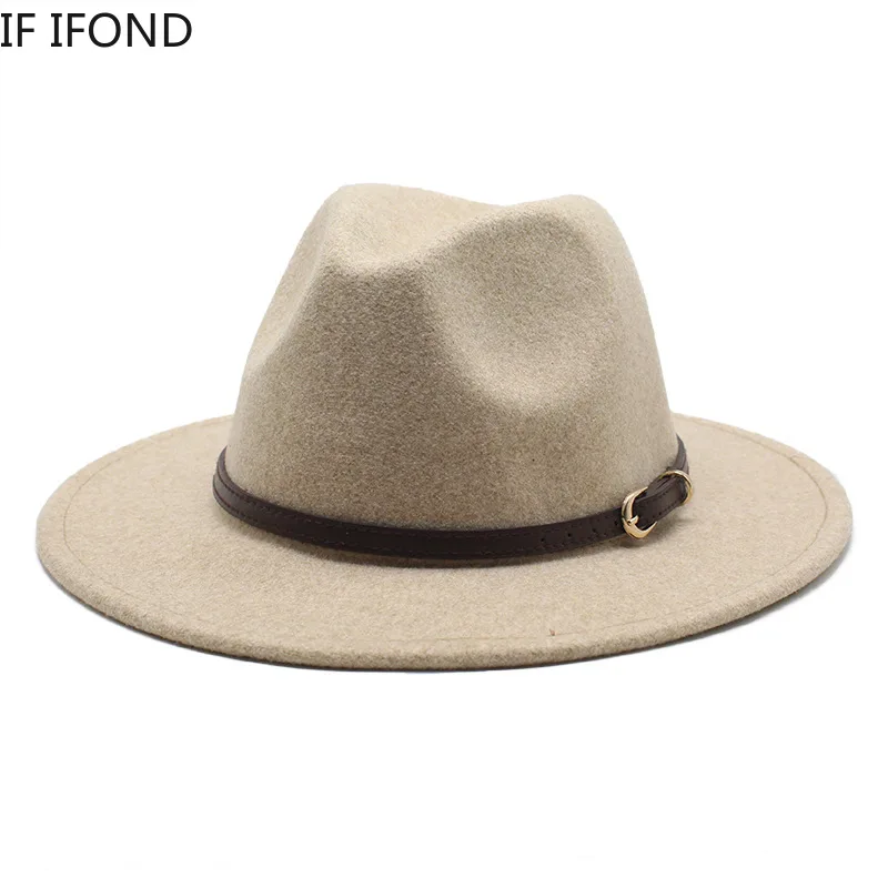 

2022 High Quality Wool Women Felt Jazz Fedora Hats Belt Buckle Decor Wide Brim Trilby Caps Winter Warm Panama Party Cap