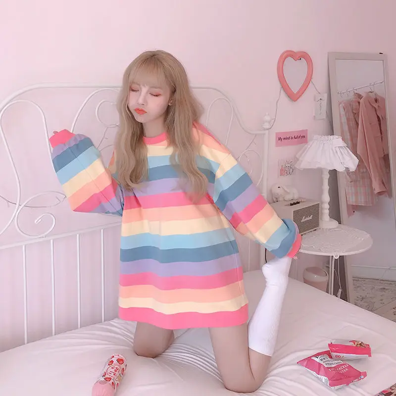 OLGITUM Rainbow Women Sweetshirts Autumn Causal Women Hoodies Harajuku Striped Shirt Female Loose Tops Sweet Hoodeis M-2XL