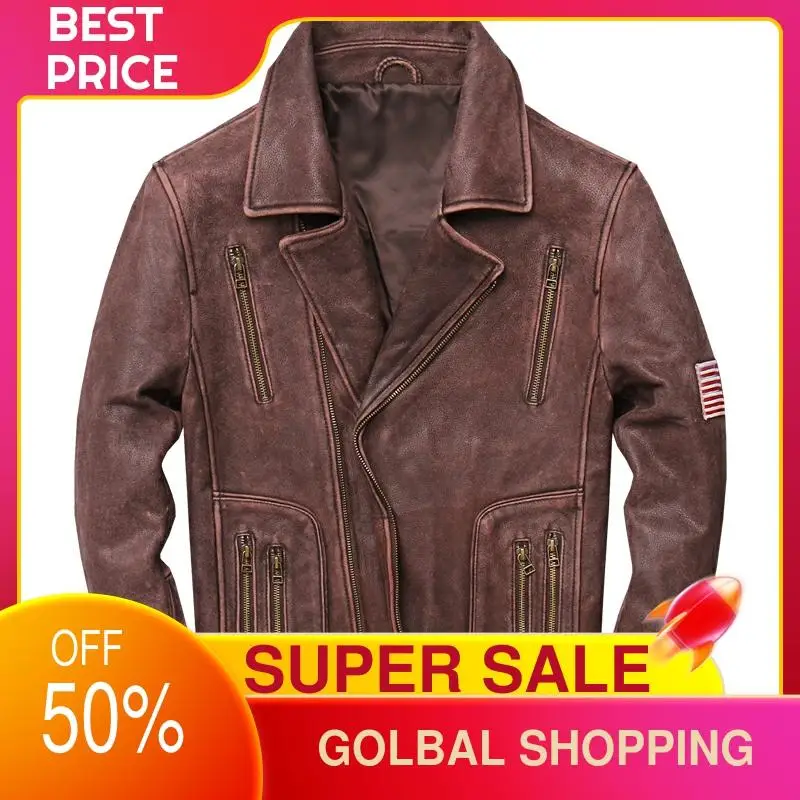 

2021 Vintage Brown Motorcycle Style Genuine Leather Jacket Men Plus Size 5XL Real Natural Cowhide Autumn Short Biker's Coat
