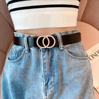 luxury brand leather belt for women double round pearl rhinestone buckle waist strap designer female dress jeans waistband