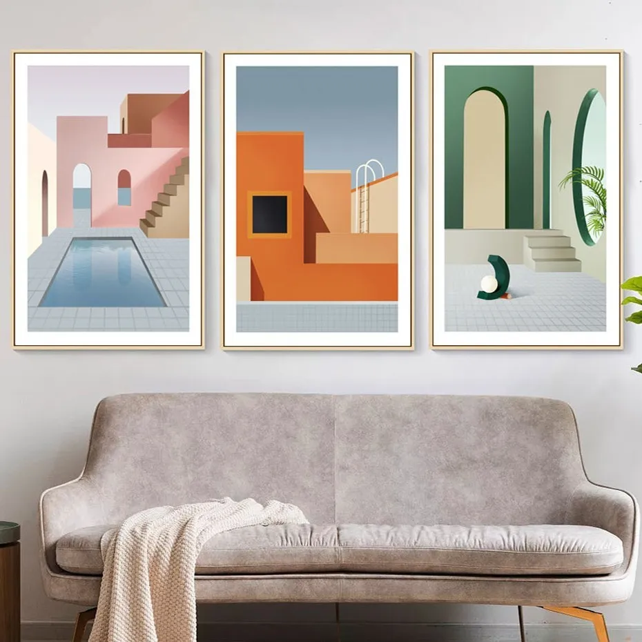 Картины на холсте "Цветные геометрические дома" в абстрактном стиле для украшения столовой и жилого пространства.