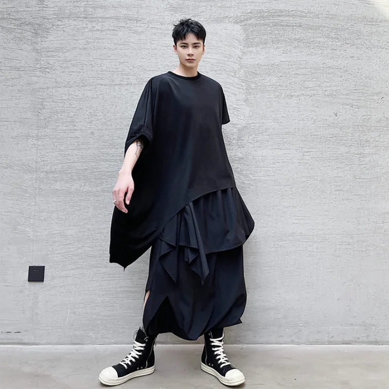 Men summer irregular asymmetry niche design large size loose round collar personality T-shirt stylish dark INS shirt
