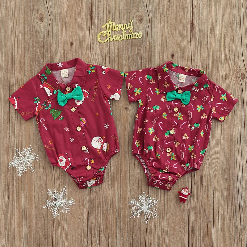 

Baby Boy Christmas Romper Short Sleeve Lapel Neck Bow Tie Crotch Button Loose Fall Summer Jumpsuit 3-18Months