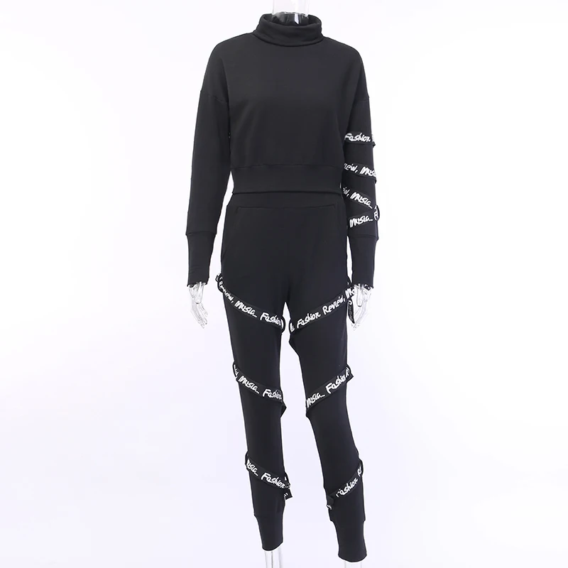 Black WannaThis/осенне-зимний комплект из двух предметов, укороченный топ с высоким воротником и леггинсы с принтом в стиле пэчворк, черные уличные комплекты с длинными рукавами - Цвет: Black