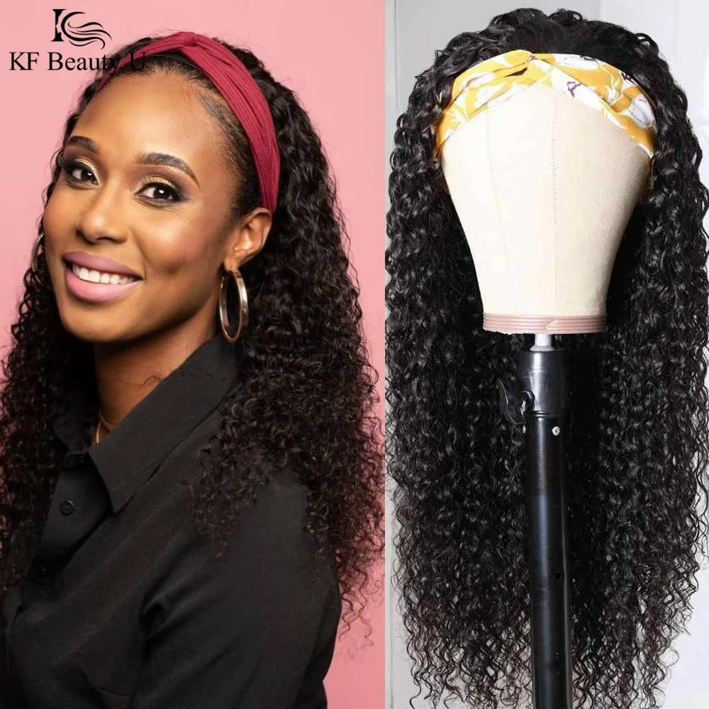 

Kinky Curly Headband Wig Human Hair Wigs For Black Women Indian Scarf Wig No Gel Glueless Remy Human Hair Wigs KF BeautyU