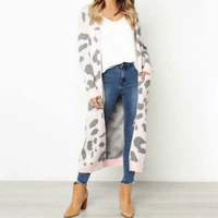 2021 autumn and winter new women fashion long sleeved cardigan pocket casual loose long coat warm sweater women leopard clothes