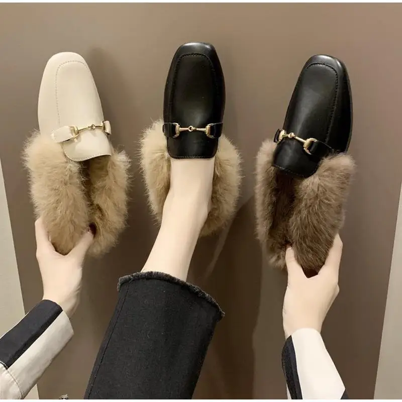 

Plush Women Mules Slippers Slip On Warm Woman Slipper Faux Fur Flat Shoes Square Toe Female Ladies Fashion Winter Slides Casual