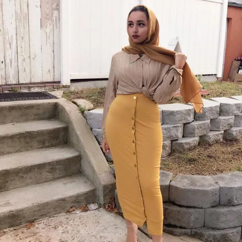 Yellow skirt Хлопковая женская облегающая Однотонная юбка-карандаш мусульманская малайзийская Женская юбка с высокой талией, плотно прилегающая пуговица - Цвет: Yellow skirt